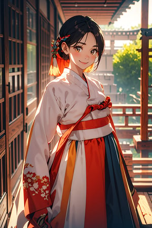 (masterpiece),illustration,ray tracing,beautiful detailed, rainbow color clothes, black hair, orange_eyes, colourful,finely detailed,dramatic light, front_view, 
big breasts, hanbok, korea Traditional clothes,
white Miko outfit,matrue female,oval face,blunt bangs,long hair,tassel,white hair,blue eye,smile,fox ear,
matrue female,milf,long sleeves,(red skrit:1.5),
bisyoujo,lady,tsurime eyes, japanese architecture,forest,sunlight,diffuse light,