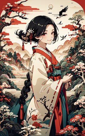 Girl,Drees,Black hair,short hair, colorful cloth, korea Traditional clothes), light smile, hua, (masterpiece:1.2, best quality), (Soft light), (shiny skin), Flying Cranes, Windswept hair, 1girls,korea ink painting style,1girl, korea treditional cloth, hanbok, 