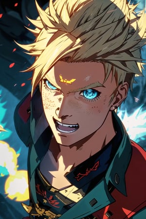 guiltys, smile, a battle man, glow blue eyes, blond spiky hair, upper body, (bokeh:1.1), depth of field, by Akihiko Yoshida, tracers, | smooth detailed shadows, hyperealistic shadows, (saturated colors:1.2) | (game cg, unreal engine), (3d model), special fx, flash, sparkling,