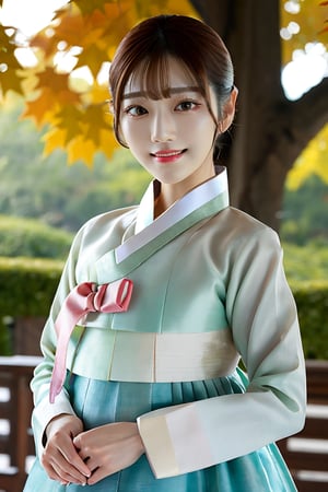 Warm lighting, hanbok, korean clothes, ultra 8k, realistic, light smile, nnocent makeup, wind,Tilt your head slightly to the side,  Girl wearing Korean traditional hanbok dress,beautiful korean girl, detailed face, shy smile, dark eyes,Straight black hair, details outdoors, autumn, autumn leaves, upper body, realistic, ,JeeSoo ,Bomi