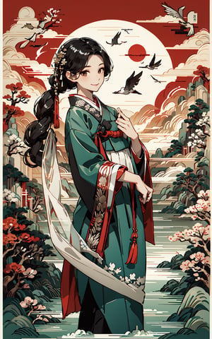 Girl,Drees,Black hair, Dangling Hair, colorful cloth, korea Traditional clothes), light smile, hua, (masterpiece:1.2, best quality), (Soft light), (shiny skin), Flying Cranes, Windswept hair, 1girls,korea ink painting style,1girl, korea treditional cloth, hanbok, 