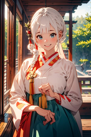 (masterpiece),illustration,ray tracing,beautiful detailed,colourful,finely detailed,dramatic light,
big breasts, hanbok, korea Traditional clothes,
white Miko outfit,matrue female,oval face,blunt bangs,long hair,tassel,white hair,blue eye,smile,fox ear,
matrue female,milf,long sleeves,(red skrit:1.5),
bisyoujo,lady,
tsurime eyes,
japanese architecture,forest,sunlight,diffuse light,