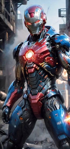 Create a image of cyborg allien casting fire around him.male allien, red eyes ,scary , enraged detailed face , futuristic , red and blue aura, dark lighting , ,flmngprsn,Ultron, marvel, mecha, iron_man, MK48, red color custom, all red color,