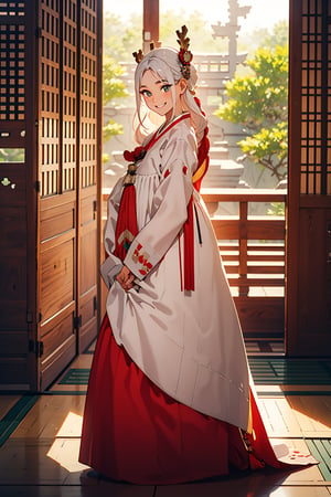 (masterpiece),illustration,ray tracing,beautiful detailed, rainbow color clothes, colourful,finely detailed,dramatic light,
big breasts, hanbok, korea Traditional clothes,
white Miko outfit,matrue female,oval face,blunt bangs,long hair,tassel,white hair,blue eye,smile,fox ear,
matrue female,milf,long sleeves,(red skrit:1.5),
bisyoujo,lady,tsurime eyes, japanese architecture,forest,sunlight,diffuse light,