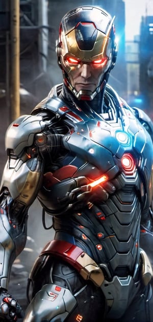 Create a image of cyborg allien casting fire around him.male allien, red eyes ,scary , enraged detailed face , futuristic , red and blue aura, dark lighting , ,flmngprsn,Ultron, marvel, mecha, iron_man, MK48, red color custom,