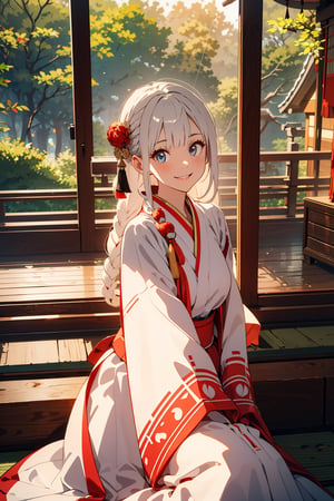 (masterpiece),illustration,ray tracing,beautiful detailed,colourful,finely detailed,dramatic light,
medium breasts,
white Miko outfit,matrue female,oval face,blunt bangs,long hair,tassel,white hair,blue eye,smile,fox ear,
matrue female,milf,long sleeves,(red skrit:1.5),
bisyoujo,lady,
tsurime eyes,
japanese architecture,forest,sunlight,diffuse light,