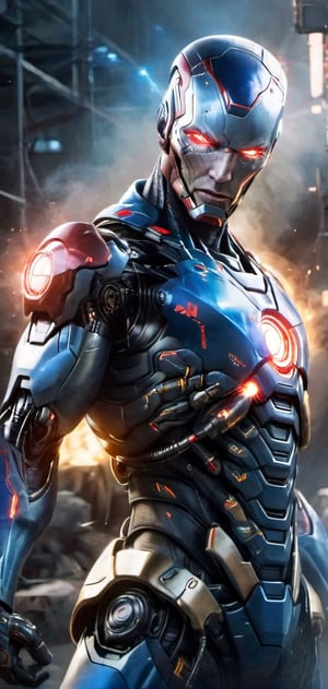 Create a image of cyborg allien casting fire around him.male allien, red eyes ,scary , enraged detailed face , futuristic , red and blue aura, dark lighting , ,flmngprsn,Ultron, ,Monster,mecha, iron_man, MK48,