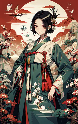 Girl,Drees,Black hair,short hair, colorful cloth, korea Traditional clothes), light smile, hua, (masterpiece:1.2, best quality), (Soft light), (shiny skin), Flying Cranes, 1girls,korea ink painting style,1girl, korea treditional cloth, hanbok, 