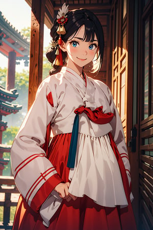 (masterpiece),illustration,ray tracing,beautiful detailed, rainbow color clothes, black hair, blue_eyes, colourful,finely detailed,dramatic light,
big breasts, hanbok, korea Traditional clothes,
white Miko outfit,matrue female,oval face,blunt bangs,long hair,tassel,white hair,blue eye,smile,fox ear,
matrue female,milf,long sleeves,(red skrit:1.5),
bisyoujo,lady,tsurime eyes, japanese architecture,forest,sunlight,diffuse light,