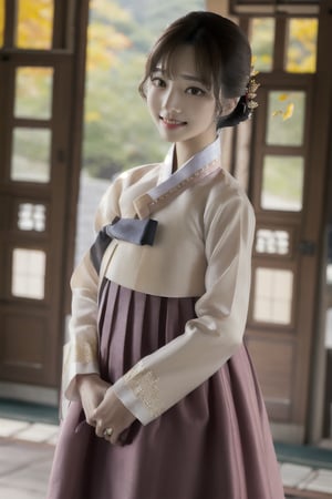 Warm lighting, hanbok, korean clothes, ultra 8k, realistic, light smile, nnocent makeup, wind,Tilt your head slightly to the side,  Girl wearing Korean traditional hanbok dress,beautiful korean girl, detailed face, shy smile, dark eyes,Straight black hair, details outdoors, autumn, autumn leaves, upper body, realistic, ,JeeSoo ,Bomi