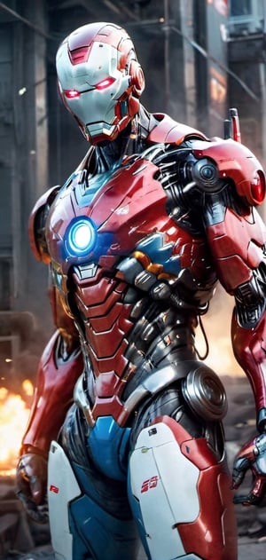 Create a image of cyborg allien casting fire around him.male allien, red eyes ,scary , enraged detailed face , futuristic , red and blue aura, dark lighting , ,flmngprsn,Ultron, marvel, mecha, iron_man, MK48, red color custom, all red color, (red color shoulder), red color legs, bloom back_ground, damaged,