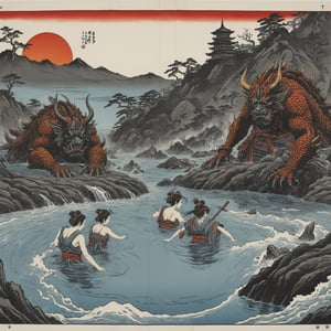 (Panorama) (A group of monsters bathing in hot springs: 1.3), Toho monsters, Ukiyo-e, ((ink: 1.2)), splash pen: 1.2, pen and ink sense: 1.3, 1girl, samurai, ink color, colorful, shogun , (hot spring), ukiyo-e