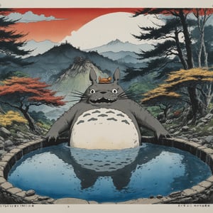 (Panorama) (A big Totoro bathing in a hot spring: 1.3), Hayao Miyazaki, Ukiyo-e, ((ink: 1.2)), splash pen: 1.2, pen and ink sense: 1.3, 1girl, evil, My Neighbor Totoro, Ink color, colorful, (hot spring), ukiyo-e
