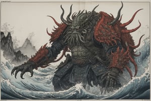 (Panorama) (Giant Cthulhu and crab monster duel: 1.3), King crab carapace: 1.3, exquisite and complex structure, ONI lord, universe, evil, blood, monster, ukiyo-e, ((ink: 1.2)), splash Pen: 1.2, pen and ink sense: 1.3, 1girl, samurai, monster, huge, mechanical arm, ink color, colorful, shogun, katana, short sword, (city destruction), ukiyo-e
