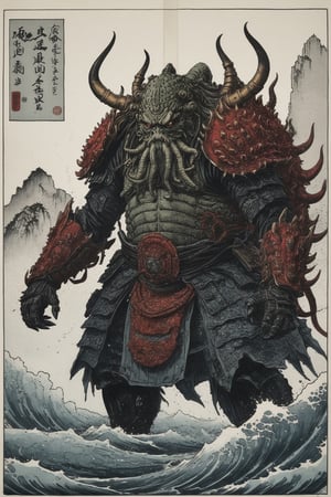 (Panorama) (Giant Cthulhu and crab monster duel: 1.3), King crab carapace: 1.3, exquisite and complex structure, ONI lord, universe, evil, blood, monster, ukiyo-e, ((ink: 1.2)), splash Pen: 1.2, pen and ink sense: 1.3, 1girl, samurai, monster, huge, mechanical arm, ink color, colorful, shogun, katana, short sword, (city destruction), ukiyo-e