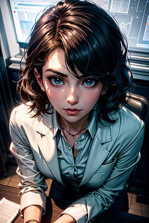 Medium close up, a professional woman manager with short wavy hair, wearing a crisp white blouse and a tailored black blazer, sitting in a desk. Background detail includes a dark room. Created by Greg Rutkowski, Ilya Kuvshinov, or Ross Tran.