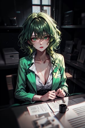 An anime-style portrayal Ms. Green with a (((short green wavy hair))) wearing a black blazer and sitting on a table in ((a dark room with one dim overhead light)). Ms. Green's sharp eyes and commanding presence are accentuated by the dramatic lighting. Art Styles: A blend of film noir and contemporary anime, employing a dark color palette with pops of color to represent character's personality. Camera: An isometric view to create a dynamic and engaging scene. Shot: A combination of close-up shots for the characters' face and a wide-angle view to capture the overall setting. Render Related Information: Stylized with sharp contrasts, neon highlights, and shadowy backgrounds to evoke a sense of mystery and drama.