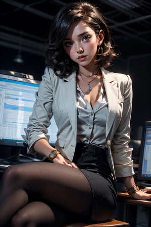 Medium close up, a professional woman manager with short wavy hair, wearing a crisp white blouse and a tailored black blazer, sitting in a desk. Background detail includes a dark room. Created by Greg Rutkowski, Ilya Kuvshinov, or Ross Tran.