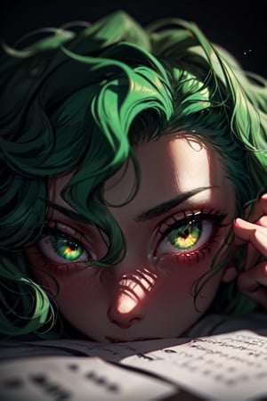 An anime-style portrayal Ms. Green with a (((short green wavy hair))) wearing ((unbutton white shirt)), sitting on a table in ((a dark room with one dim overhead light)). Ms. Green's sharp eyes and commanding presence are accentuated by the dramatic lighting. Art Styles: A blend of film noir and contemporary anime, employing a dark color palette with pops of color to represent character's personality. Camera: An isometric view to create a dynamic and engaging scene. Shot: A combination of close-up shots for the characters' face and a wide-angle view to capture the overall setting. Render Related Information: Stylized with sharp contrasts, neon highlights, and shadowy backgrounds to evoke a sense of mystery and drama.