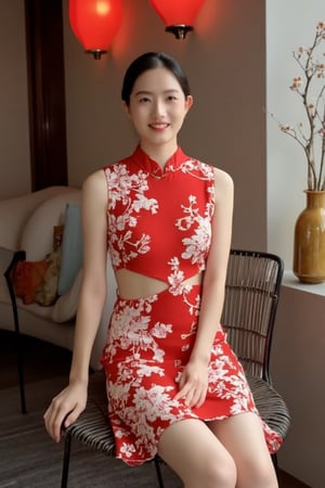 In this masterful portrait, a young beautiful woman is captured sitting elegantly on a Chinese-style chair, directly facing the camera. She is dressed in a modernized sleeveless red cheongsam, designed in a mini skirt style, adorned with intricate white plum blossom patterns and featuring a hollow-out design. Her legs are crossed, exuding a seductive yet refined aura. Her hair is styled in a vintage 1920s updo, perfectly complementing her sophisticated look. The setting is enriched with traditional Chinese elements, including red lanterns and classic ornaments, creating a timeless and culturally resonant atmosphere. Soft natural lighting subtly accentuates her facial features, with the composition meticulously focused on her expressive eyes and gentle smile, rendering her presence both captivating and serene.