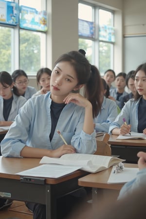 In a high school classroom filled with students, a beautiful female student with a high ponytail, wearing a neatly pressed school uniform, sits at her desk with one hand holding a pen, her head tilted slightly as she listens attentively to the teacher's lecture. The scene is illuminated by natural light streaming through large windows, casting soft shadows. The composition features a shallow depth of field, focusing on the student in the foreground while blurring the background, including the teacher at the front of the classroom and other students engaged in their work. The atmosphere is studious and focused, with the student's expression showing deep concentration.