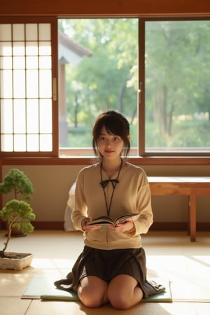 A Japanese schoolgirl in a traditional uniform, kneeling seiza-style on tatami mats inside a traditional Japanese house. The room features shoji screens, a low wooden table, and a bonsai plant. Soft natural light filters through the paper windows, casting a warm glow. The girl holds a book, her face showing a gentle, serene smile. The composition is centered, with the girl's posture and the serene environment creating a harmonious scene.