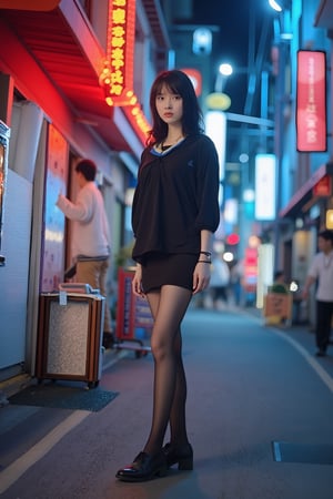 A professional model posing on a street in the early morning, wearing a traditional Japanese schoolgirl uniform and black stockings. The scene is captured with a shallow depth of field (F 1.2), focusing on the model's elegant stance. The lighting is dramatic, with red and blue contrasting colors creating a vibrant atmosphere. The background features a quiet, early morning street with minimal traffic. The model's long legs and serene expression are highlighted, with the traditional attire and vibrant lighting adding a dynamic contrast to the tranquil setting.