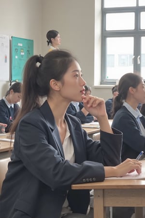 In a high school classroom filled with students, a beautiful female student with a high ponytail, wearing a neatly pressed school uniform, sits at her desk with one hand holding a pen, her head tilted slightly as she listens attentively to the teacher's lecture. The scene is illuminated by natural light streaming through large windows, casting soft shadows. The composition features a shallow depth of field, focusing on the student in the foreground while blurring the background, including the teacher at the front of the classroom and other students engaged in their work. The atmosphere is studious and focused, with the student's expression showing deep concentration.