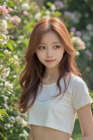 A young girl, mid-20s, with long flowing hair, wearing a simple white blouse, standing in a serene garden. The shot is framed to focus on her upper body, with a soft, natural light illuminating her face and shoulders. The composition is balanced, with the girl looking slightly to the side, her expression gentle and contemplative. The background features blooming flowers and lush greenery, creating a peaceful atmosphere.