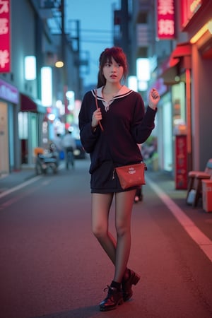 A professional model posing on a street in the early morning, wearing a traditional Japanese schoolgirl uniform and black stockings. The scene is captured with a shallow depth of field (F 1.2), focusing on the model's elegant stance. The lighting is dramatic, with red and blue contrasting colors creating a vibrant atmosphere. The background features a quiet, early morning street with minimal traffic. The model's long legs and serene expression are highlighted, with the traditional attire and vibrant lighting adding a dynamic contrast to the tranquil setting.