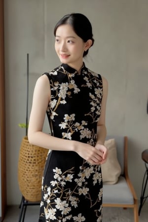 A young beautiful woman stands elegantly in a modernized sleeveless black cheongsam adorned with intricate white plum blossom patterns, revealing her thighs, exuding a seductive and alluring aura. Her hair is elegantly styled in a vintage 1920s updo. Soft natural lighting highlights her face, composition centered on her expressive eyes and gentle smile. The background features subtle Chinese elements, focusing attention on her serene expression and relaxed posture.Look back and smile