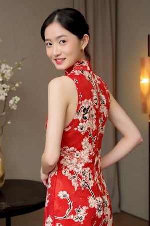 A young beautiful woman stands elegantly in a modernized sleeveless red cheongsam adorned with intricate white plum blossom patterns, featuring a hollow-out design that reveals her thighs, exuding a seductive and alluring aura. Her hair is elegantly styled in a vintage 1920s updo. Soft natural lighting highlights her face, with the composition centered on her expressive eyes and gentle smile. The background features subtle Chinese elements, focusing attention on her serene expression and relaxed posture. She looks back and smiles, appearing especially captivating.