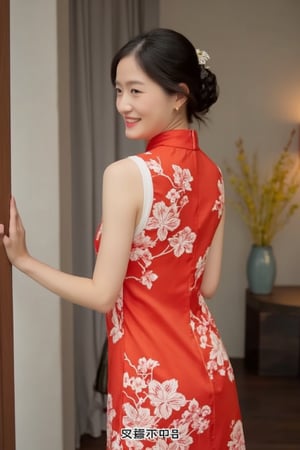 A young beautiful woman stands elegantly in a modernized sleeveless red cheongsam adorned with intricate white plum blossom patterns, featuring a hollow-out design that reveals her thighs, exuding a seductive and alluring aura. Her hair is elegantly styled in a vintage 1920s updo. Soft natural lighting highlights her face, with the composition centered on her expressive eyes and gentle smile. The background features subtle Chinese elements, focusing attention on her serene expression and relaxed posture. She looks back and smiles, appearing especially captivating.