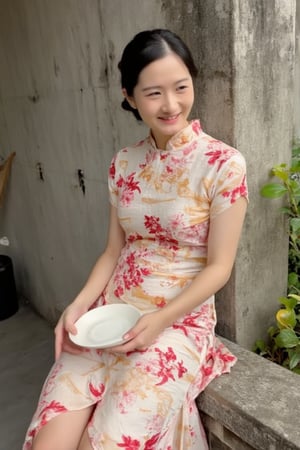 A young beautiful woman in a modernized cheongsam with a 1920s-inspired style sits on a wall, legs swinging playfully, upper body close-up revealing a sweet smile. Her hair is elegantly styled in a vintage 1920s updo. Soft natural lighting highlights her face, composition centered on her expressive eyes and gentle smile. The background features subtle Chinese elements, focusing attention on her serene expression and relaxed posture.