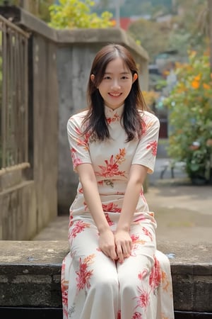 A young beautiful woman in a stylish cheongsam sits on a wall, legs swinging playfully, upper body close-up revealing a sweet smile. Soft natural lighting highlights her face, composition centered on her expressive eyes and gentle smile. The background features subtle Chinese elements, focusing attention on her serene expression and relaxed posture.