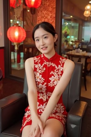 In this masterful portrait, a young beautiful woman is captured sitting elegantly on a Chinese-style chair, directly facing the camera. She is dressed in a modernized sleeveless red cheongsam, designed in a mini skirt style, adorned with intricate white plum blossom patterns and featuring a hollow-out design. Her legs are crossed, exuding a seductive yet refined aura. Her hair is styled in a vintage 1920s updo, perfectly complementing her sophisticated look. The setting is enriched with traditional Chinese elements, including red lanterns and classic ornaments, creating a timeless and culturally resonant atmosphere. Soft natural lighting subtly accentuates her facial features, with the composition meticulously focused on her expressive eyes and gentle smile, rendering her presence both captivating and serene.