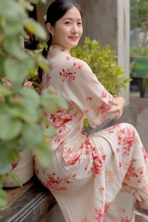 A young beautiful woman in a modernized cheongsam with a 1920s-inspired style sits on a wall, legs swinging playfully, upper body close-up revealing a sweet smile. Soft natural lighting highlights her face, composition centered on her expressive eyes and gentle smile. The background features subtle Chinese elements, focusing attention on her serene expression and relaxed posture.