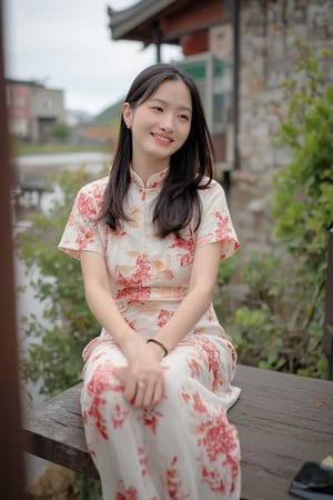 A young beautiful woman in a stylish cheongsam sits on a wall, legs swinging playfully, upper body close-up revealing a sweet smile. Soft natural lighting highlights her face, composition centered on her expressive eyes and gentle smile. The background features subtle Chinese elements, focusing attention on her serene expression and relaxed posture.