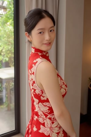 A young beautiful woman stands elegantly in a modernized sleeveless red cheongsam adorned with intricate white plum blossom patterns, featuring a hollow-out design that reveals her thighs, exuding a seductive and alluring aura. Her hair is elegantly styled in a vintage 1920s updo. Soft natural lighting highlights her face, with the composition centered on her expressive eyes and gentle smile. The background features subtle Chinese elements, focusing attention on her serene expression and relaxed posture. She looks back and smiles, appearing especially captivating.