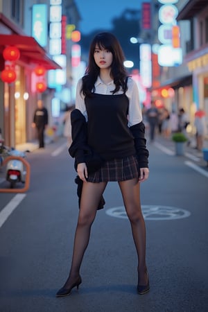 A professional model posing on a street in the early morning, wearing a traditional Japanese schoolgirl uniform and black stockings. The scene is captured with a shallow depth of field (F 1.2), focusing on the model's elegant stance. The lighting is dramatic, with red and blue contrasting colors creating a vibrant atmosphere. The background features a quiet, early morning street with minimal traffic. The model's long legs and serene expression are highlighted, with the traditional attire and vibrant lighting adding a dynamic contrast to the tranquil setting.