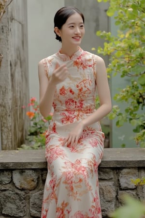 A young beautiful woman in a modernized cheongsam with a 1920s-inspired style sits on a wall, legs swinging playfully, upper body close-up revealing a sweet smile. Her hair is elegantly styled in a vintage 1920s updo. Soft natural lighting highlights her face, composition centered on her expressive eyes and gentle smile. The background features subtle Chinese elements, focusing attention on her serene expression and relaxed posture.