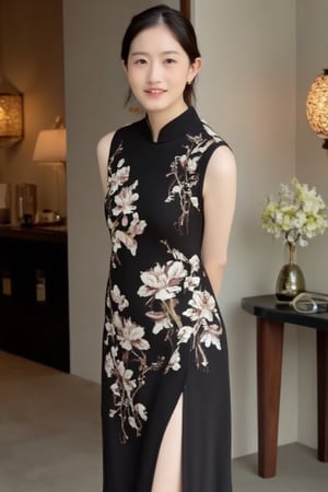 A young beautiful woman stands elegantly in a modernized sleeveless black cheongsam adorned with intricate white plum blossom patterns, revealing her thighs, exuding a seductive and alluring aura. Her hair is elegantly styled in a vintage 1920s updo. Soft natural lighting highlights her face, composition centered on her expressive eyes and gentle smile. The background features subtle Chinese elements, focusing attention on her serene expression and relaxed posture.Look back and smile