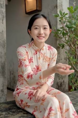 A young beautiful woman in a modernized cheongsam with a 1920s-inspired style sits on a wall, legs swinging playfully, upper body close-up revealing a sweet smile. Soft natural lighting highlights her face, composition centered on her expressive eyes and gentle smile. The background features subtle Chinese elements, focusing attention on her serene expression and relaxed posture.