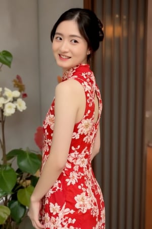 A young beautiful woman stands elegantly in a modernized sleeveless red cheongsam adorned with intricate white plum blossom patterns, featuring a hollow-out design that reveals her thighs, exuding a seductive and alluring aura. Her hair is elegantly styled in a vintage 1920s updo. Soft natural lighting highlights her face, with the composition centered on her expressive eyes and gentle smile. The background features subtle Chinese elements, focusing attention on her serene expression and relaxed posture. She looks back and smiles, appearing especially captivating.