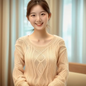 Create an image of a charming young woman wearing a cute, lacy knit sweater. She stands with a sweet, inviting smile, her posture relaxed and welcoming. The lighting is soft and warm, highlighting the delicate details of her outfit and the gentle curves of her face. The composition focuses on her upper body, capturing the intricate patterns of the sweater and her joyful expression. The background is blurred, placing emphasis on her as the central subject.