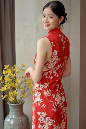 A young beautiful woman stands elegantly in a modernized sleeveless red cheongsam, designed in a style similar to a mini skirt. The cheongsam is adorned with intricate white plum blossom patterns and features a hollow-out design that reveals her thighs, exuding a seductive and alluring aura. Her hair is elegantly styled in a vintage 1920s updo. Soft natural lighting highlights her face, with the composition centered on her expressive eyes and gentle smile. The background features subtle Chinese elements, focusing attention on her serene expression and relaxed posture. She looks back and smiles, appearing especially captivating.