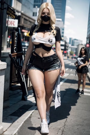1girl, young pretty white girl, hot top model, long blonde hair, closed mouth, wearing a white under boob tshirt (t shirt only white color) and short pants and Acronym P30A-DS and black and white sneakers, piercings, in city, (((wide hips, narrow waist, large breasts))), instagram model, 80mm,urban techwear,weapon,gwen stacy,blonde hair