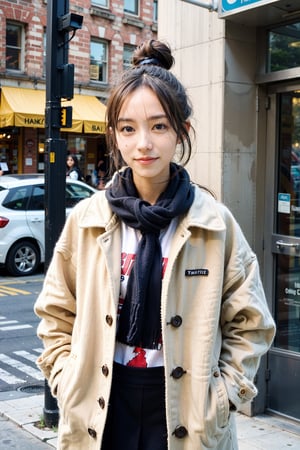 best quality, masterpiece, (photorealistic:1.4), 1girl, hairbun, long_sleeve, hoodie, coat, cold, scarf, skirts,outdoor, cafe, (happy:0.88), blue bottle, Chicago city,Half Color