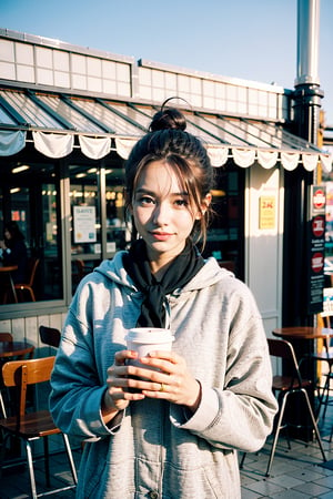 best quality, masterpiece, (photorealistic:1.4), 1girl, hairbun, long_sleeve, hoodie, coat, cold, scarf, skirts,outdoor, cafe, (happy:0.88), blue bottle, 