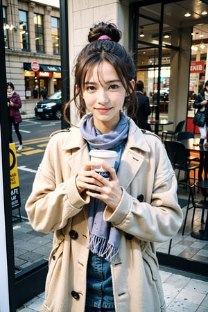 best quality, masterpiece, (photorealistic:1.4), 1girl, hairbun, long_sleeve, hoodie, coat, cold, scarf, skirts,outdoor, cafe, (happy:0.88), 